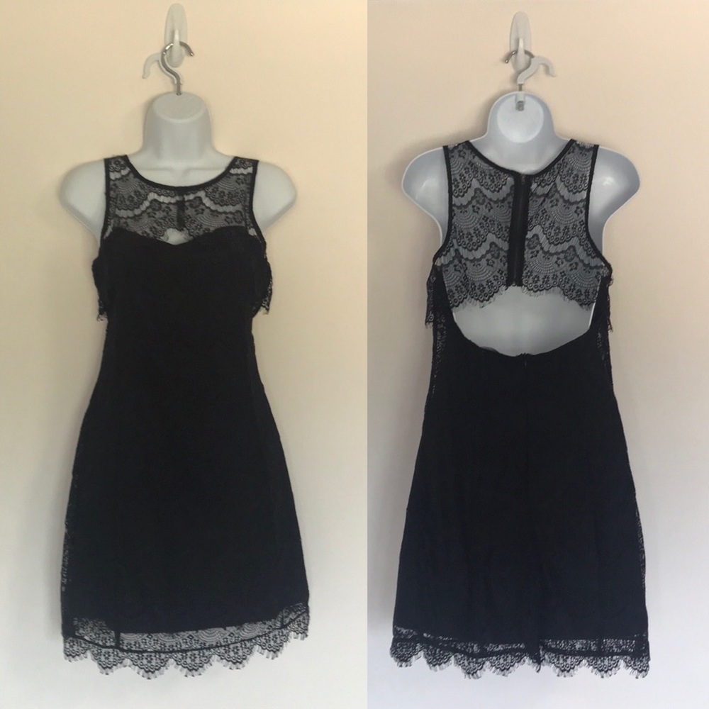 Beautiful black lace overlay dress w/ open back